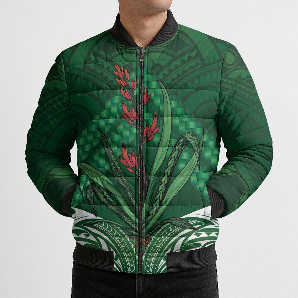 Rongoa Maori New Zealand Harakeke Bomber Puffer Jacket NZ Weaving Pattern Green