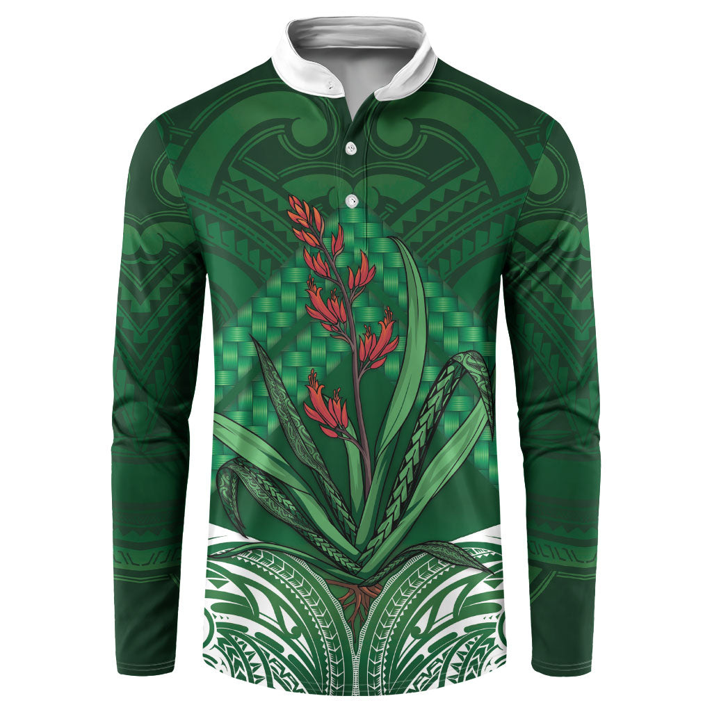 Rongoa Maori New Zealand Harakeke Button Sweatshirt NZ Weaving Pattern Green