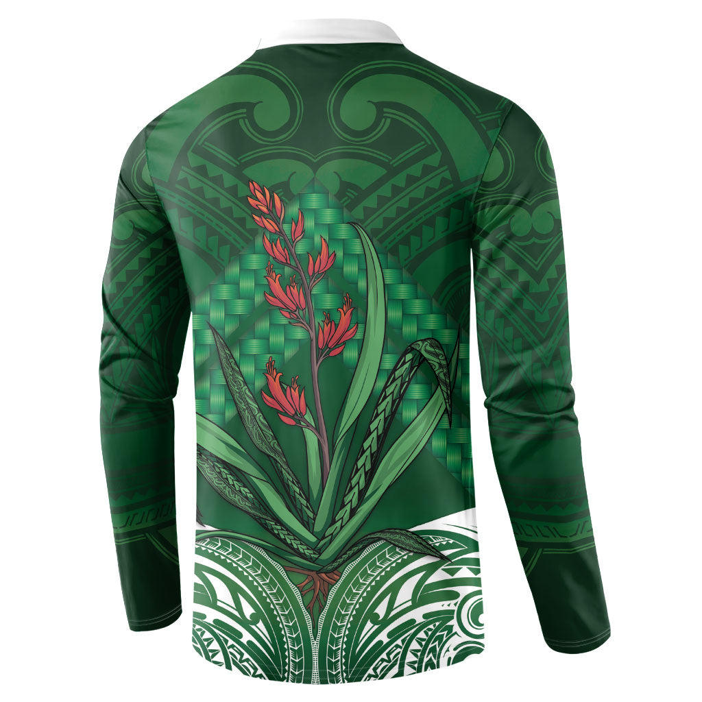Rongoa Maori New Zealand Harakeke Button Sweatshirt NZ Weaving Pattern Green