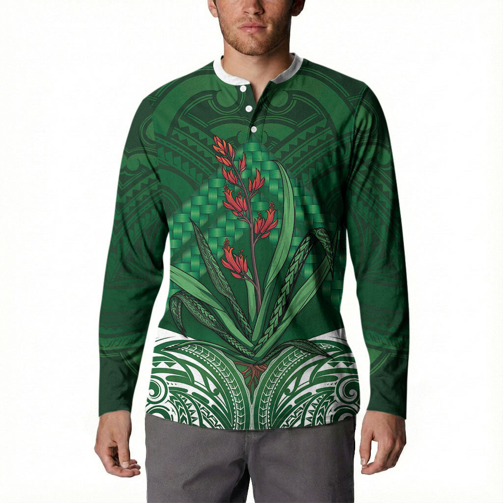 Rongoa Maori New Zealand Harakeke Button Sweatshirt NZ Weaving Pattern Green