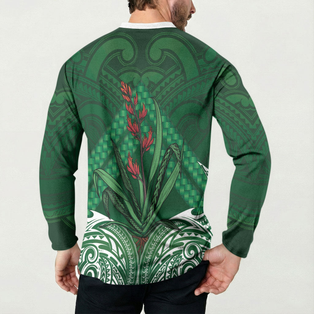 Rongoa Maori New Zealand Harakeke Button Sweatshirt NZ Weaving Pattern Green