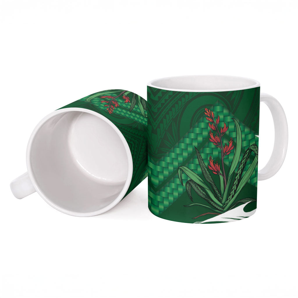 Rongoa Maori New Zealand Harakeke Ceramic Mug NZ Weaving Pattern Green