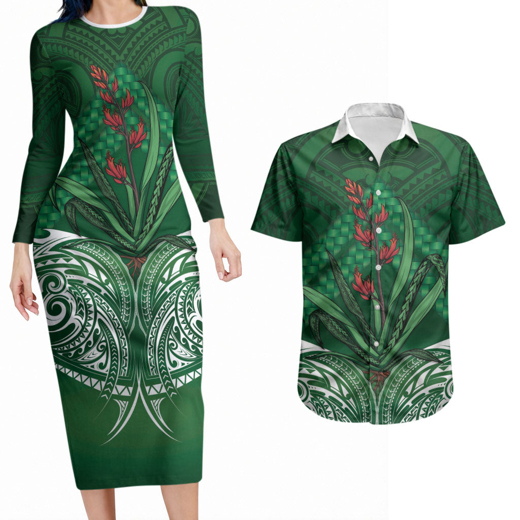 Rongoa Maori New Zealand Harakeke Couples Matching Long Sleeve Bodycon Dress and Hawaiian Shirt NZ Weaving Pattern Green