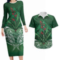 Rongoa Maori New Zealand Harakeke Couples Matching Long Sleeve Bodycon Dress and Hawaiian Shirt NZ Weaving Pattern Green