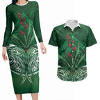 Rongoa Maori New Zealand Harakeke Couples Matching Long Sleeve Bodycon Dress and Hawaiian Shirt NZ Weaving Pattern Green