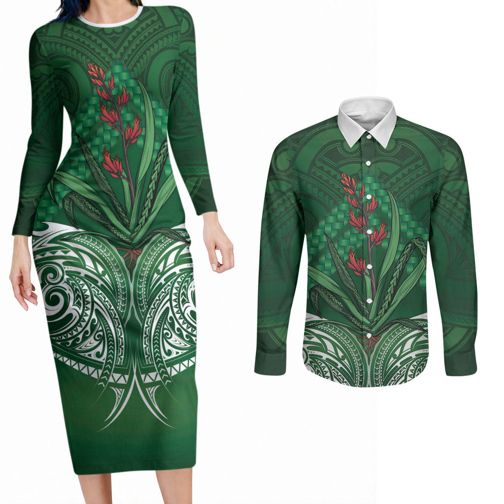 Rongoa Maori New Zealand Harakeke Couples Matching Long Sleeve Bodycon Dress and Long Sleeve Button Shirt NZ Weaving Pattern Green