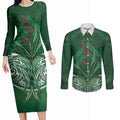 Rongoa Maori New Zealand Harakeke Couples Matching Long Sleeve Bodycon Dress and Long Sleeve Button Shirt NZ Weaving Pattern Green