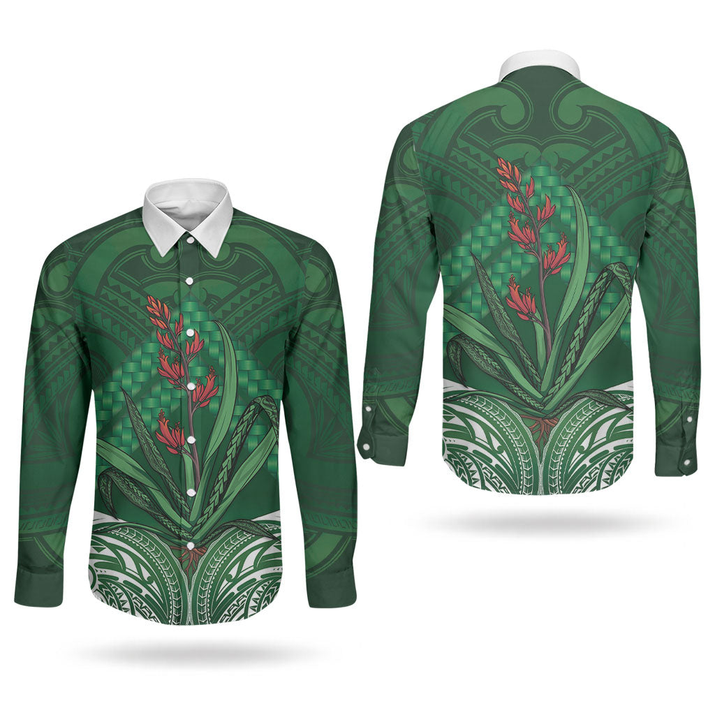 Rongoa Maori New Zealand Harakeke Couples Matching Long Sleeve Bodycon Dress and Long Sleeve Button Shirt NZ Weaving Pattern Green