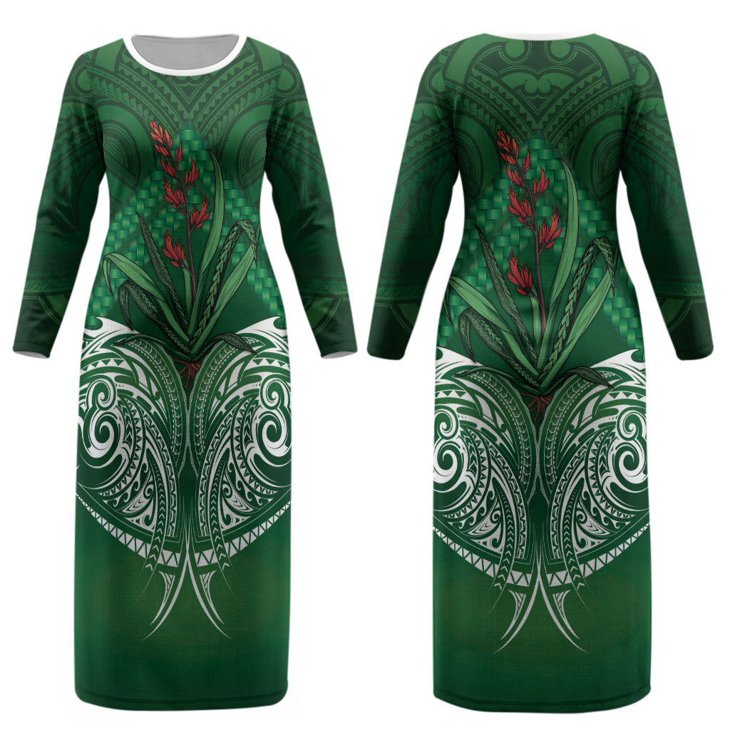 Rongoa Maori New Zealand Harakeke Couples Matching Long Sleeve Bodycon Dress and Long Sleeve Button Shirt NZ Weaving Pattern Green
