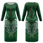 Rongoa Maori New Zealand Harakeke Couples Matching Long Sleeve Bodycon Dress and Long Sleeve Button Shirt NZ Weaving Pattern Green