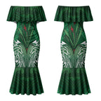 Rongoa Maori New Zealand Harakeke Couples Matching Mermaid Dress and Hawaiian Shirt NZ Weaving Pattern Green