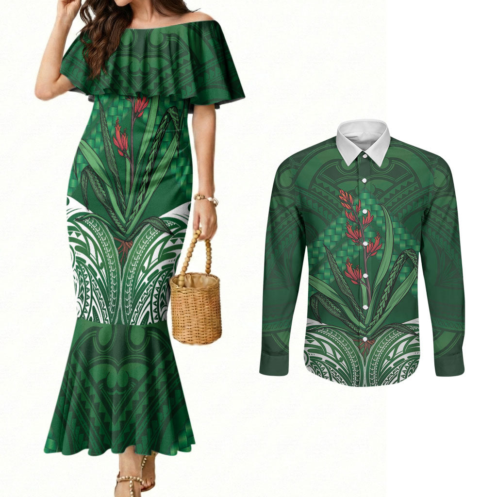 Rongoa Maori New Zealand Harakeke Couples Matching Mermaid Dress and Long Sleeve Button Shirt NZ Weaving Pattern Green