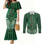 Rongoa Maori New Zealand Harakeke Couples Matching Mermaid Dress and Long Sleeve Button Shirt NZ Weaving Pattern Green