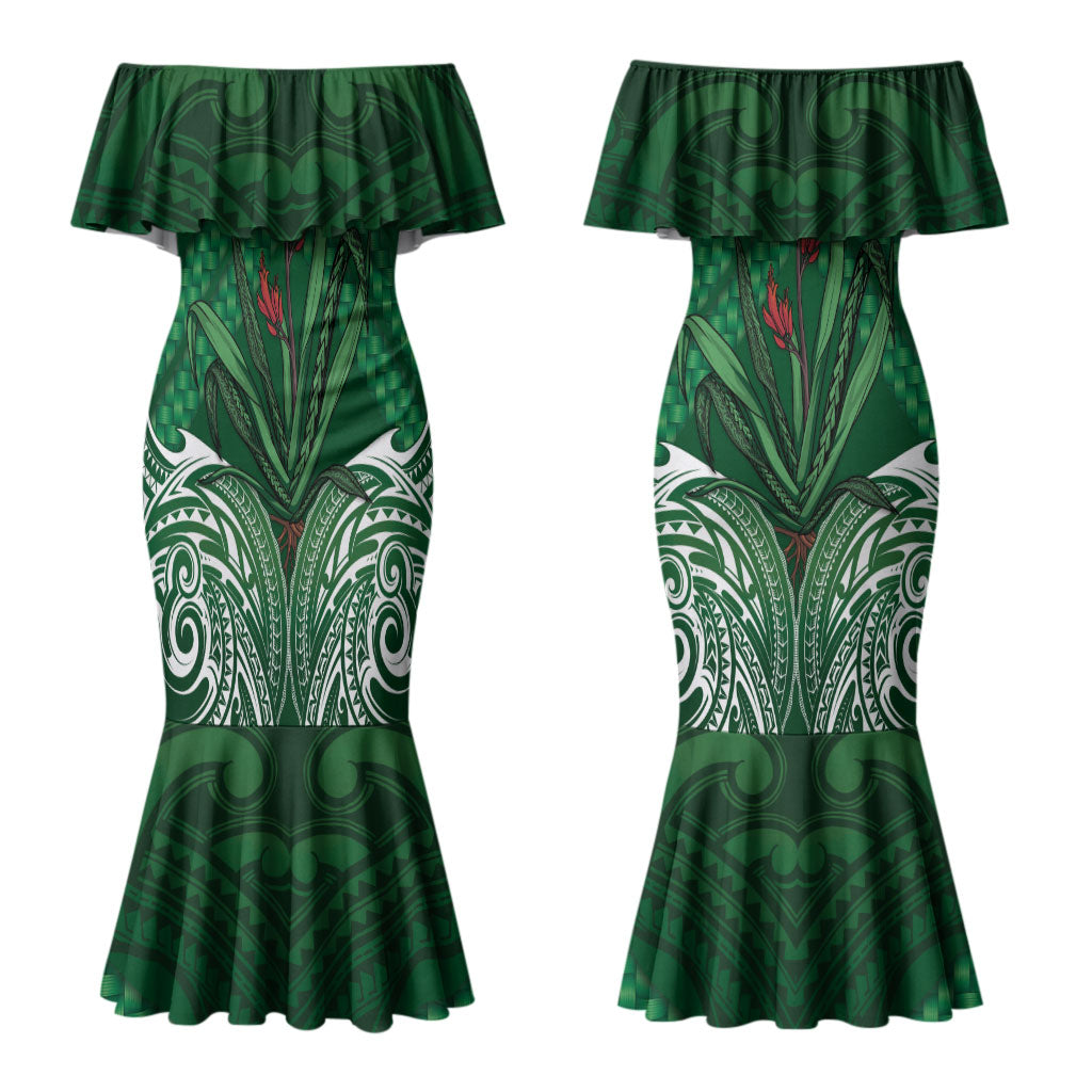 Rongoa Maori New Zealand Harakeke Couples Matching Mermaid Dress and Long Sleeve Button Shirt NZ Weaving Pattern Green