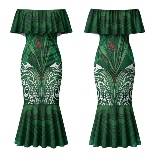 Rongoa Maori New Zealand Harakeke Couples Matching Mermaid Dress and Long Sleeve Button Shirt NZ Weaving Pattern Green