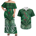 Rongoa Maori New Zealand Harakeke Couples Matching Off Shoulder Maxi Dress and Hawaiian Shirt NZ Weaving Pattern Green