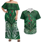 Rongoa Maori New Zealand Harakeke Couples Matching Off Shoulder Maxi Dress and Hawaiian Shirt NZ Weaving Pattern Green
