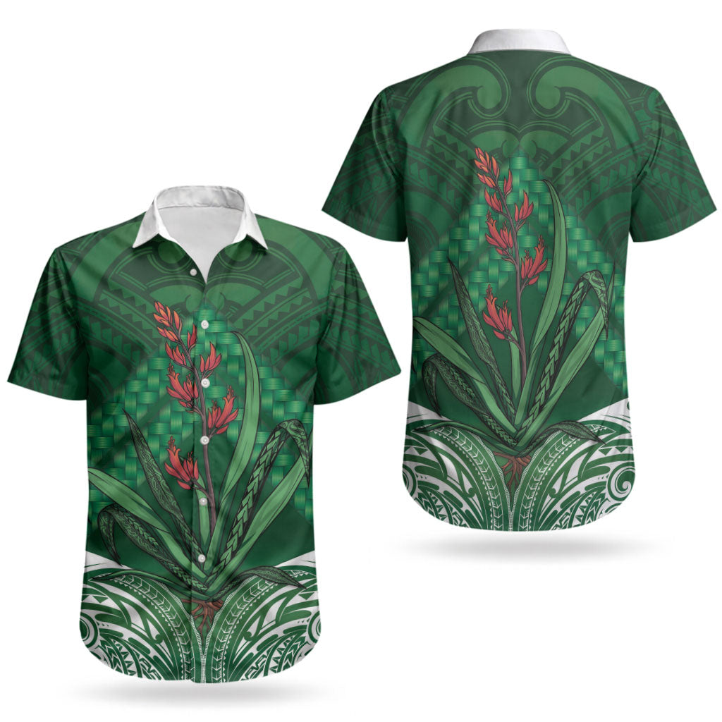 Rongoa Maori New Zealand Harakeke Couples Matching Off Shoulder Maxi Dress and Hawaiian Shirt NZ Weaving Pattern Green