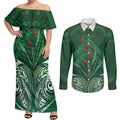 Rongoa Maori New Zealand Harakeke Couples Matching Off Shoulder Maxi Dress and Long Sleeve Button Shirt NZ Weaving Pattern Green