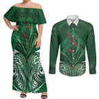 Rongoa Maori New Zealand Harakeke Couples Matching Off Shoulder Maxi Dress and Long Sleeve Button Shirt NZ Weaving Pattern Green