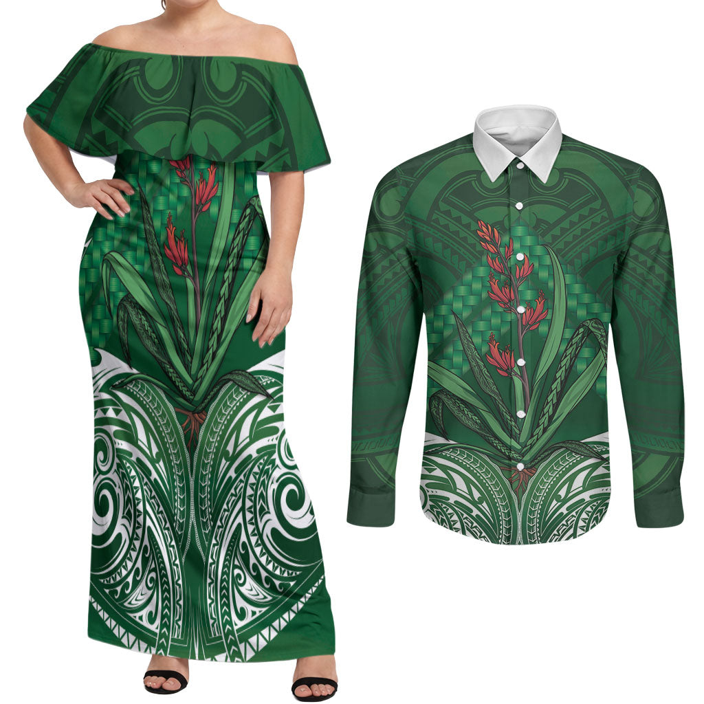 Rongoa Maori New Zealand Harakeke Couples Matching Off Shoulder Maxi Dress and Long Sleeve Button Shirt NZ Weaving Pattern Green