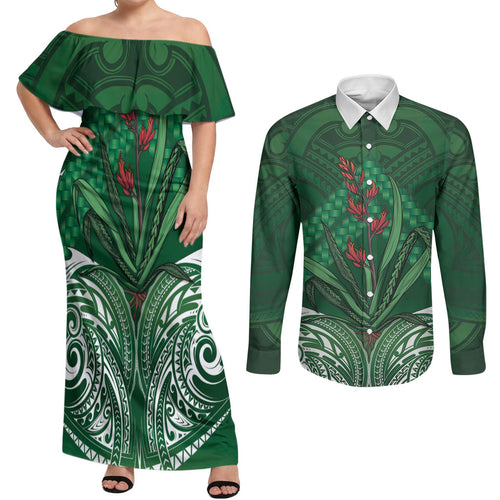 Rongoa Maori New Zealand Harakeke Couples Matching Off Shoulder Maxi Dress and Long Sleeve Button Shirt NZ Weaving Pattern Green