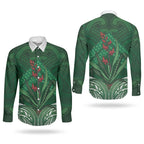 Rongoa Maori New Zealand Harakeke Couples Matching Off Shoulder Maxi Dress and Long Sleeve Button Shirt NZ Weaving Pattern Green