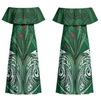 Rongoa Maori New Zealand Harakeke Couples Matching Off Shoulder Maxi Dress and Long Sleeve Button Shirt NZ Weaving Pattern Green