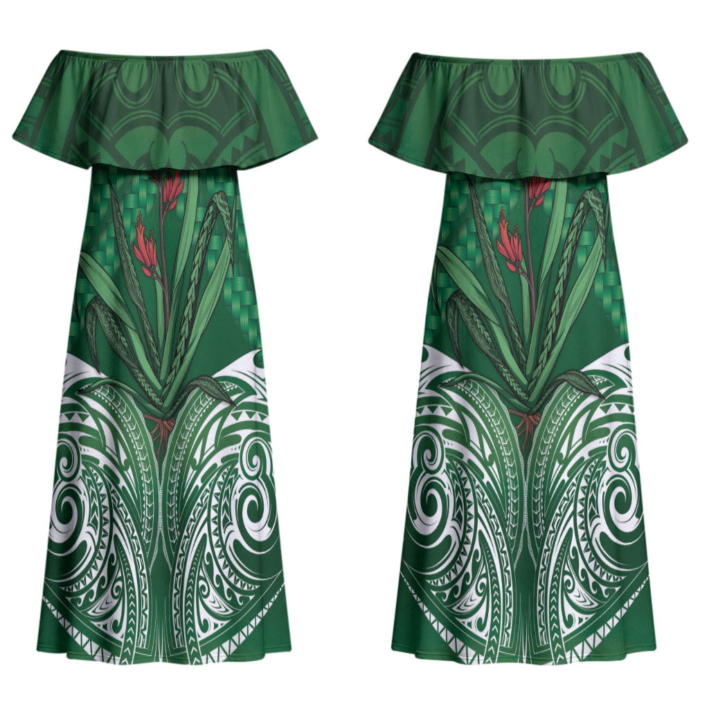 Rongoa Maori New Zealand Harakeke Couples Matching Off Shoulder Maxi Dress and Long Sleeve Button Shirt NZ Weaving Pattern Green