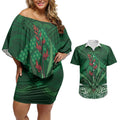 Rongoa Maori New Zealand Harakeke Couples Matching Off Shoulder Short Dress and Hawaiian Shirt NZ Weaving Pattern Green