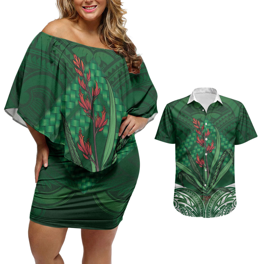 Rongoa Maori New Zealand Harakeke Couples Matching Off Shoulder Short Dress and Hawaiian Shirt NZ Weaving Pattern Green