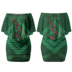 Rongoa Maori New Zealand Harakeke Couples Matching Off Shoulder Short Dress and Hawaiian Shirt NZ Weaving Pattern Green