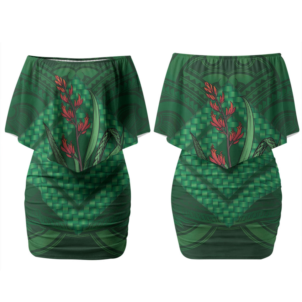Rongoa Maori New Zealand Harakeke Couples Matching Off Shoulder Short Dress and Hawaiian Shirt NZ Weaving Pattern Green