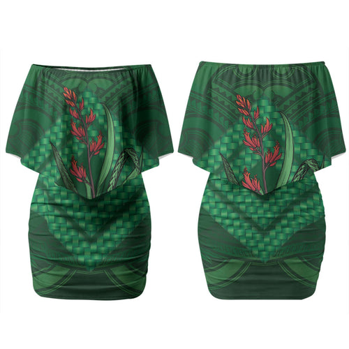 Rongoa Maori New Zealand Harakeke Couples Matching Off Shoulder Short Dress and Long Sleeve Button Shirt NZ Weaving Pattern Green