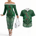 Rongoa Maori New Zealand Harakeke Couples Matching Off The Shoulder Long Sleeve Dress and Hawaiian Shirt NZ Weaving Pattern Green