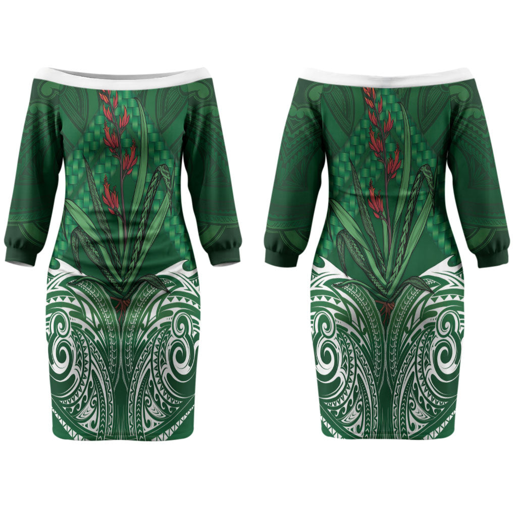 Rongoa Maori New Zealand Harakeke Couples Matching Off The Shoulder Long Sleeve Dress and Hawaiian Shirt NZ Weaving Pattern Green