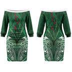 Rongoa Maori New Zealand Harakeke Couples Matching Off The Shoulder Long Sleeve Dress and Hawaiian Shirt NZ Weaving Pattern Green