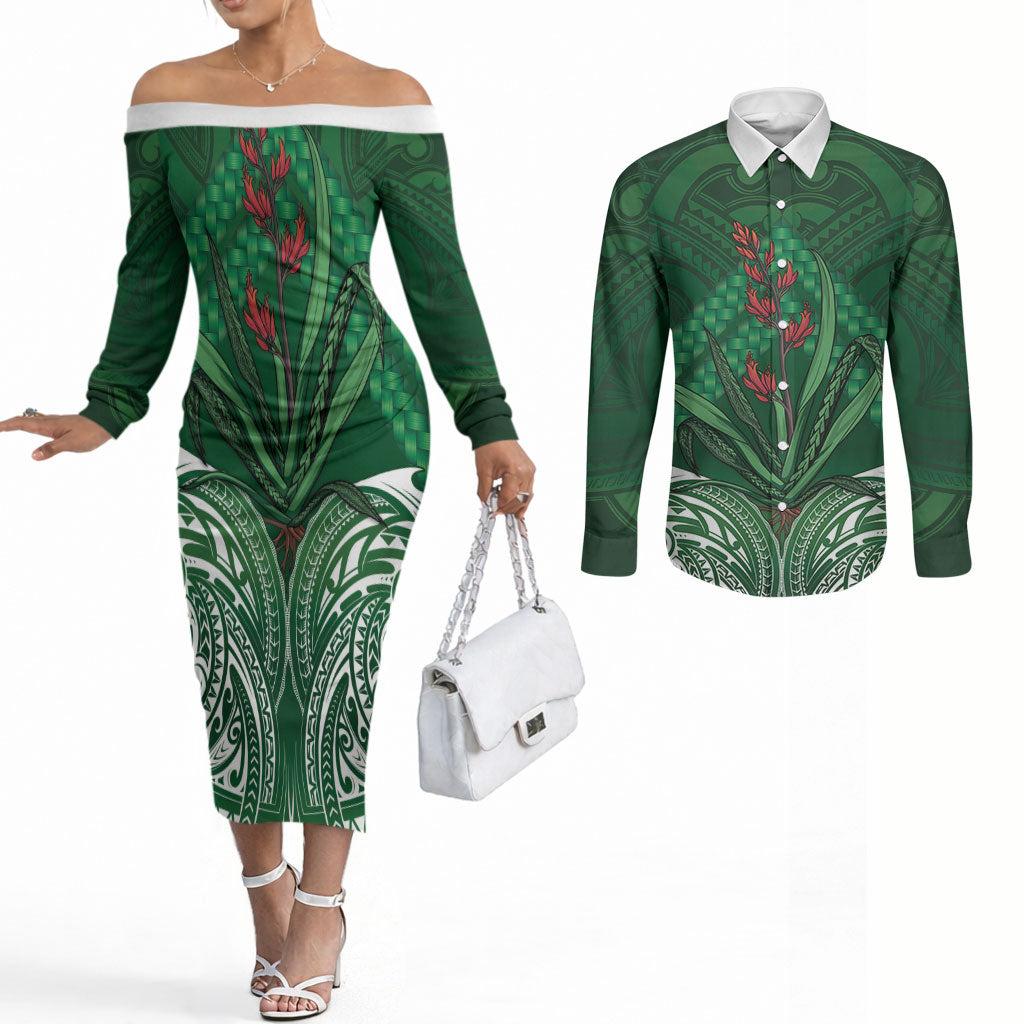 Rongoa Maori New Zealand Harakeke Couples Matching Off The Shoulder Long Sleeve Dress and Long Sleeve Button Shirt NZ Weaving Pattern Green