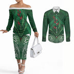 Rongoa Maori New Zealand Harakeke Couples Matching Off The Shoulder Long Sleeve Dress and Long Sleeve Button Shirt NZ Weaving Pattern Green