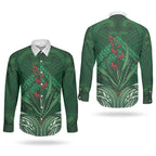 Rongoa Maori New Zealand Harakeke Couples Matching Off The Shoulder Long Sleeve Dress and Long Sleeve Button Shirt NZ Weaving Pattern Green