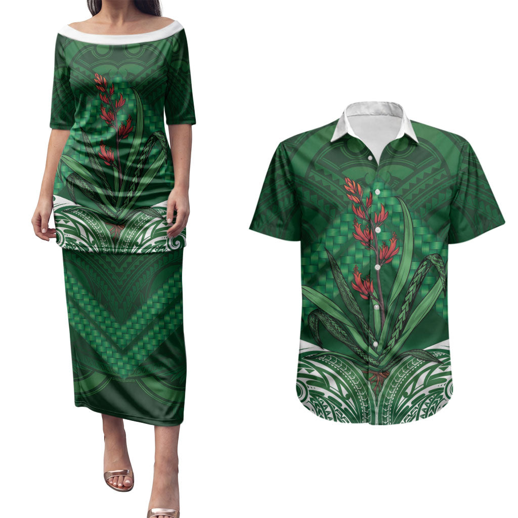 Rongoa Maori New Zealand Harakeke Couples Matching Puletasi and Hawaiian Shirt NZ Weaving Pattern Green