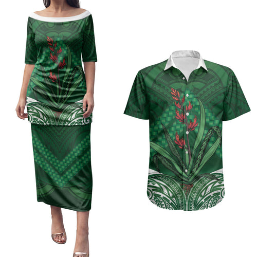 Rongoa Maori New Zealand Harakeke Couples Matching Puletasi and Hawaiian Shirt NZ Weaving Pattern Green