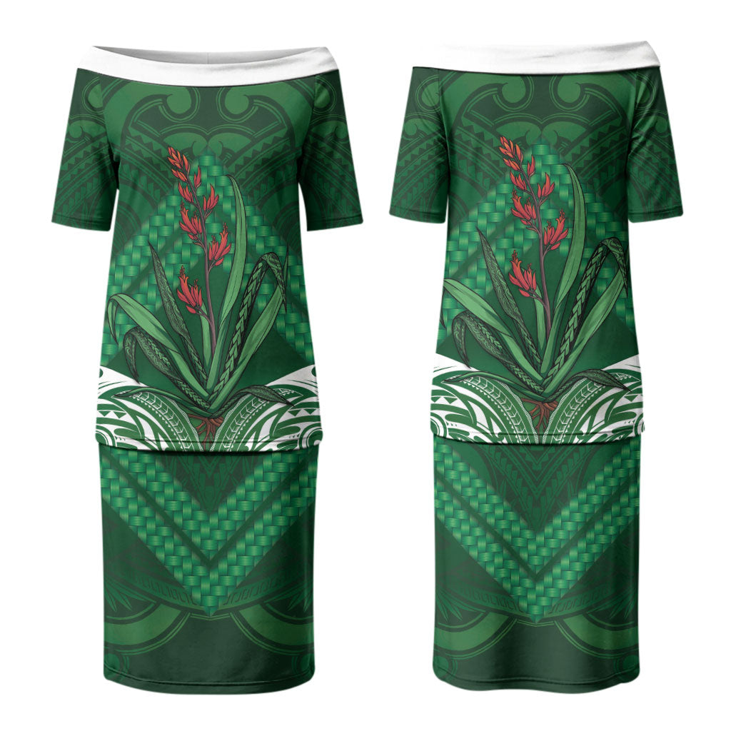 Rongoa Maori New Zealand Harakeke Couples Matching Puletasi and Hawaiian Shirt NZ Weaving Pattern Green