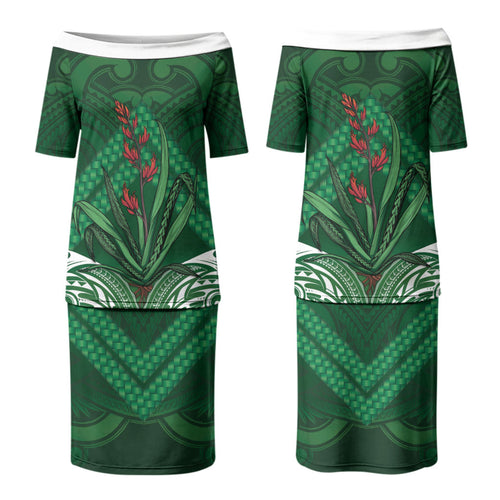 Rongoa Maori New Zealand Harakeke Couples Matching Puletasi and Hawaiian Shirt NZ Weaving Pattern Green