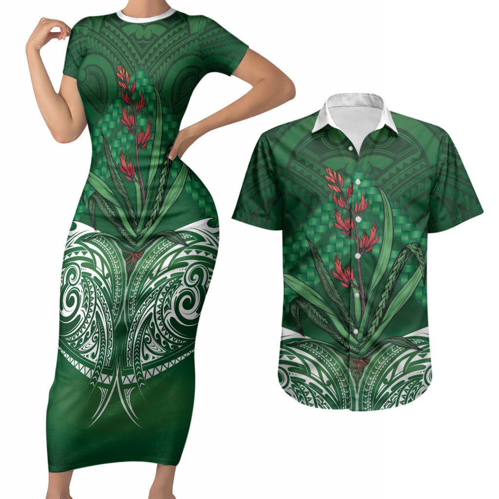 Rongoa Maori New Zealand Harakeke Couples Matching Short Sleeve Bodycon Dress and Hawaiian Shirt NZ Weaving Pattern Green