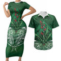 Rongoa Maori New Zealand Harakeke Couples Matching Short Sleeve Bodycon Dress and Hawaiian Shirt NZ Weaving Pattern Green