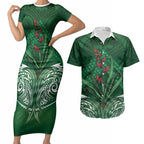 Rongoa Maori New Zealand Harakeke Couples Matching Short Sleeve Bodycon Dress and Hawaiian Shirt NZ Weaving Pattern Green