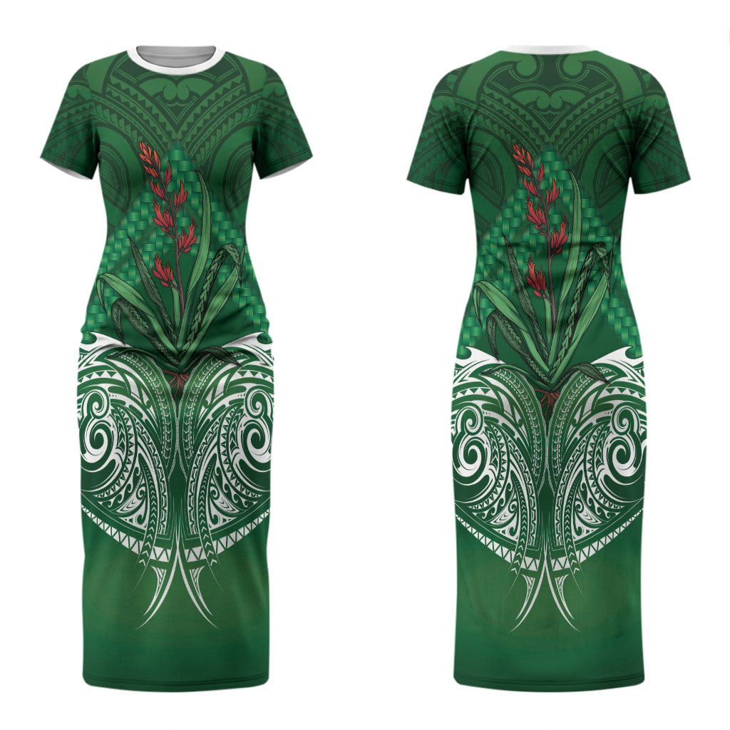 Rongoa Maori New Zealand Harakeke Couples Matching Short Sleeve Bodycon Dress and Hawaiian Shirt NZ Weaving Pattern Green