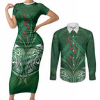 Rongoa Maori New Zealand Harakeke Couples Matching Short Sleeve Bodycon Dress and Long Sleeve Button Shirt NZ Weaving Pattern Green