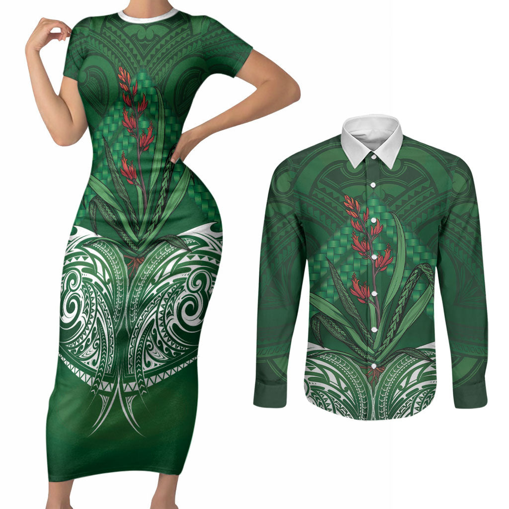 Rongoa Maori New Zealand Harakeke Couples Matching Short Sleeve Bodycon Dress and Long Sleeve Button Shirt NZ Weaving Pattern Green